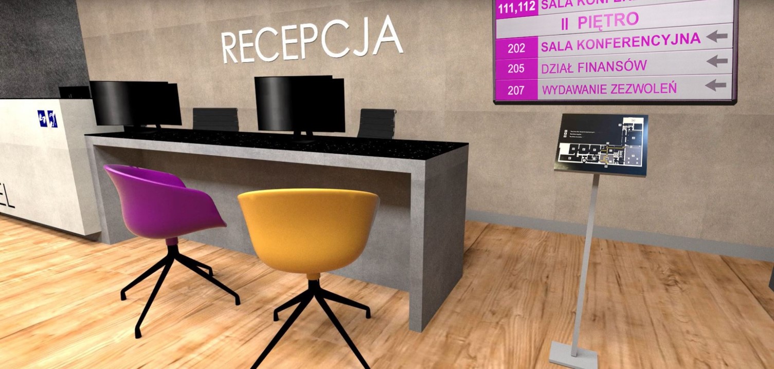 screen z filmu animowanego przedstawiającego dostępny budynek. Tablica znajduje się po prawej stronie recepcji