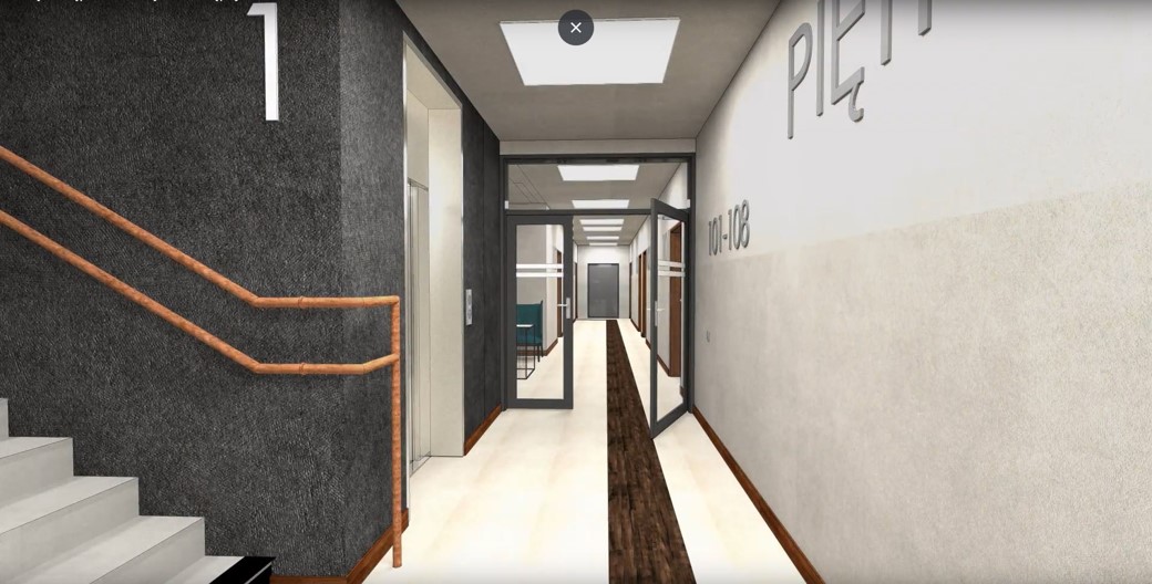 screen z filmu animowanego przedstawiającego dostępny budynek. Na ścianie przed schodami znajduje się duży i kontrastowy wobec ściany napis Piętro 1 i numery pokoi